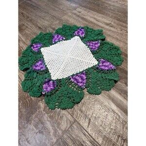 Handmade Crocheted Doily Purple Grapes 15" White Green Cottagecore Vintage 1940s
